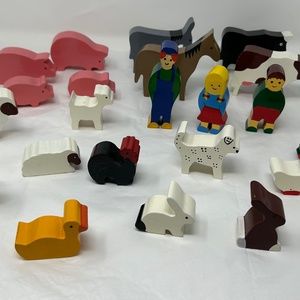 Farm animals people thick wood block play set toys